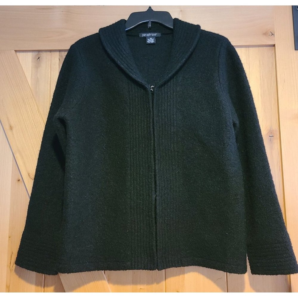 VINTAGE Paraphrase Sweater Women Sz M Wool V Neck Knit Black Collared Ribbed - Picture 1 of 15